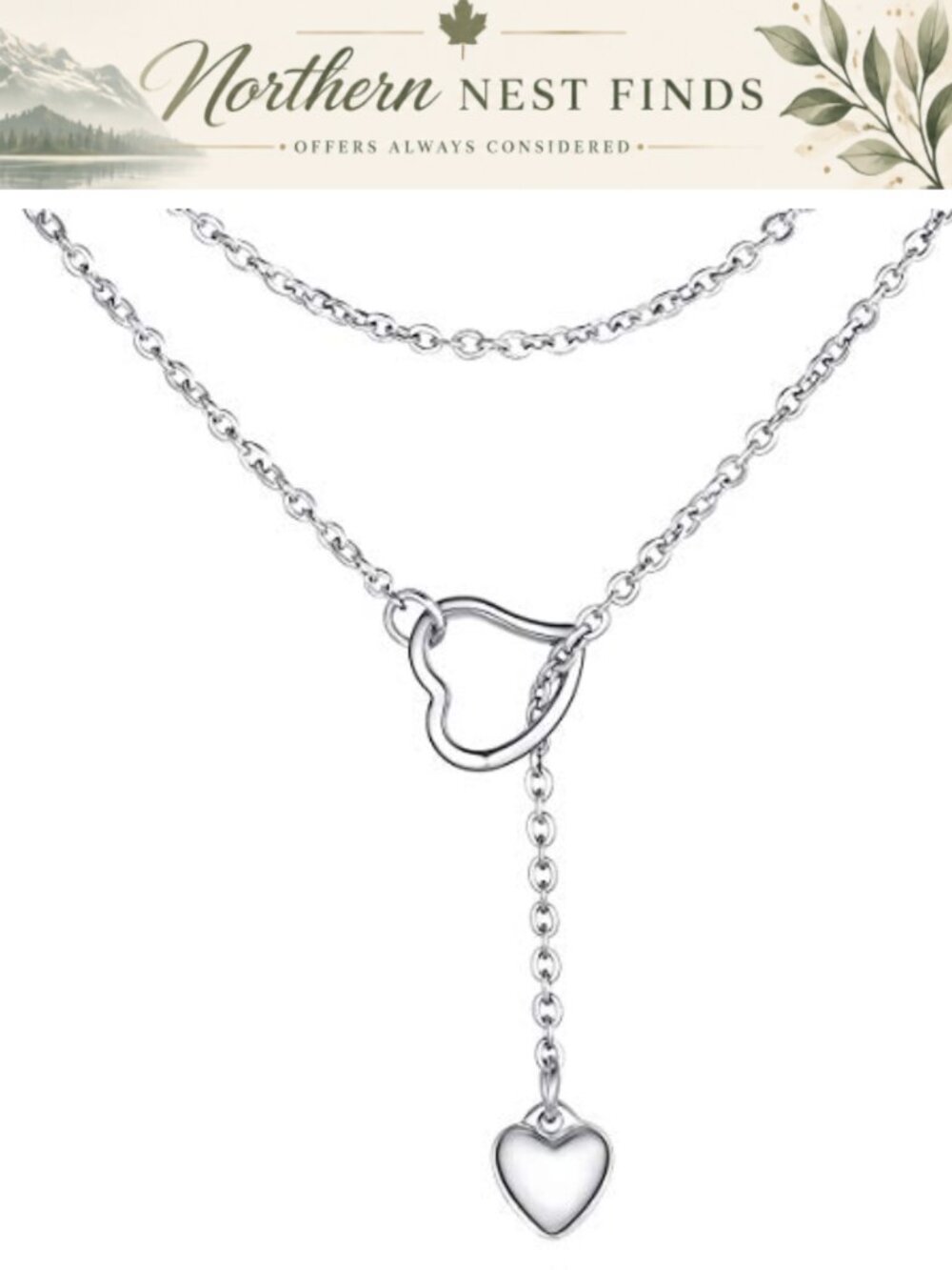 Platinum Plated Stainless Steel Y Drop Heart Necklace Adjustable Long Chain